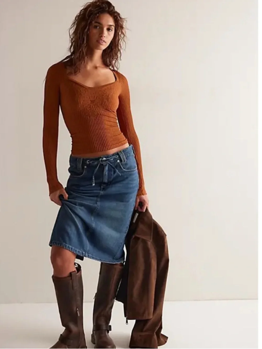 FREE PEOPLE Dynamic Duo Ribbed Long Sleeve NWT Smoked Topaz Brown